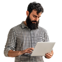 PNG Man with a Beard and Checkered Shirt Using a Laptop Against Transparent Background