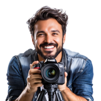 PNG Portrait of a Smiling Photographer with Camera on a Tripod Against Transparent Background