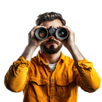 PNG Man Holding Binoculars and Looking Through Against Transparent Background
