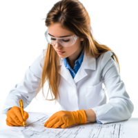PNG Young Female Engineer Reviewing Blueprints with Focus Against Transparent Background for Architecture Branding, STEM Education, or Construction-Themed Graphics