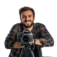 PNG Portrait of a Smiling Photographer with Camera on a Tripod Against Transparent Background