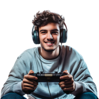 PNG Young Man Enjoying Video Games with Headset Against Transparent Background for Gaming Branding, Streaming Graphics, or Esports Promotions