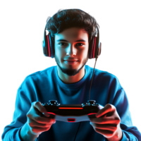 PNG Young Man Enjoying Video Games with Headset Against Transparent Background for Gaming Branding, Streaming Graphics, or Esports Promotions