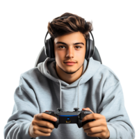 PNG Young Man Enjoying Video Games with Headset Against Transparent Background for Gaming Branding, Streaming Graphics, or Esports Promotions