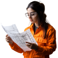PNG Young Female Engineer Reviewing Blueprints with Focus Against Transparent Background for Architecture Branding, STEM Education, or Construction-Themed Graphics