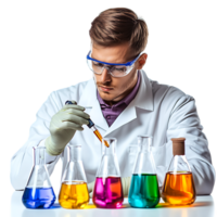 PNG Young Scientist Conducting Experiments with Colorful Liquids Against Transparent Background for STEM Education Branding, Science-Themed Graphics, or Research Promotions