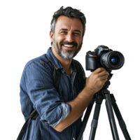 PNG Portrait of a Smiling Photographer with Camera on a Tripod Against Transparent Background