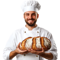 PNG Smiling Chef Holding Freshly Baked Bread Against Transparent Background