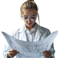 PNG Young Female Engineer Reviewing Blueprints with Focus Against Transparent Background for Architecture Branding, STEM Education, or Construction-Themed Graphics