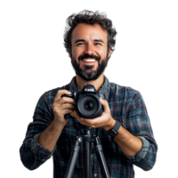 PNG Portrait of a Smiling Photographer with Camera on a Tripod Against Transparent Background
