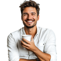 PNG Man Smiling While Holding a Coffee Cup Against Transparent Background