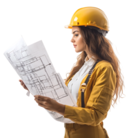 PNG Young Female Engineer Reviewing Blueprints with Focus Against Transparent Background for Architecture Branding, STEM Education, or Construction-Themed Graphics