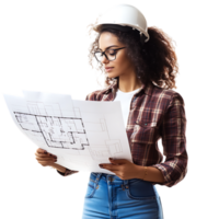 PNG Professional Female Engineer Reviewing Architectural Plans Against Transparent Background