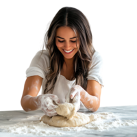 PNG Woman Kneading Dough on a Countertop with a Smile Against Transparent Background for Baking Promotions, Culinary Branding, or Kitchen-Themed Graphics