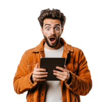 PNG Man Expressing Surprise While Holding a Digital Tablet Against Transparent Background