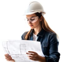 PNG Young Female Engineer Reviewing Blueprints with Focus Against Transparent Background for Architecture Branding, STEM Education, or Construction-Themed Graphics