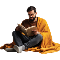 PNG Man Reading a Book with a Cozy Blanket and Cup of Coffee Against Transparent Background