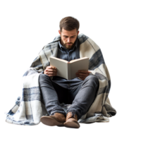 PNG Man Reading a Book with a Cozy Blanket and Cup of Coffee Against Transparent Background
