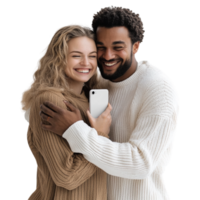 A couple hugging and smiling in front of a screen png