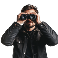 PNG Man Holding Binoculars and Looking Through Against Transparent Background