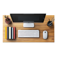 PNG Wooden Office Desk with Computer Keyboard, Mouse, and Books Against Transparent Background for Work-from-Home Branding, Productivity Designs, or Office Mockups