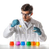 PNG Young Scientist Conducting Experiments with Colorful Liquids Against Transparent Background for STEM Education Branding, Science-Themed Graphics, or Research Promotions