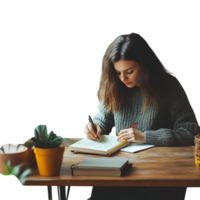 PNG Woman Writing in a Notebook at Desk with Potted Plants Against Transparent Background for Productivity Branding, Study Illustrations, or Office-Themed Graphics