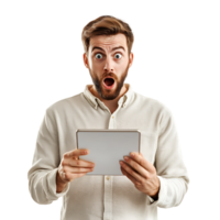 PNG Man Expressing Surprise While Holding a Digital Tablet Against Transparent Background