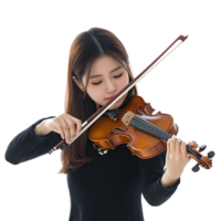 PNG Young Asian Woman Skillfully Playing the Violin in a Studio Against Transparent Background for Music-Themed Graphics, Artistic Promotions, or Classical Branding