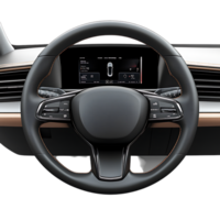 PNG Modern Car Steering Wheel with Digital Dashboard Display, Against Transparent Background