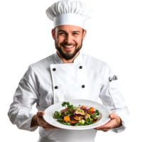 PNG Professional Chef Presenting a Gourmet Dish with a Smile Against Transparent Background