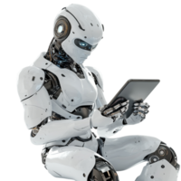 AI Robot Using Tablet 3D Rendering Against White Background png