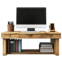 PNG Wooden Office Desk with Computer Keyboard, Mouse, and Books Against Transparent Background for Work-from-Home Branding, Productivity Designs, or Office Mockups