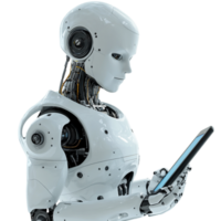 AI Robot Using Tablet 3D Rendering Against White Background png