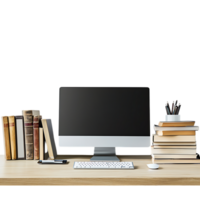 PNG Wooden Office Desk with Computer Keyboard, Mouse, and Books Against Transparent Background for Work-from-Home Branding, Productivity Designs, or Office Mockups