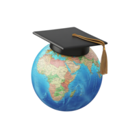 A globe featuring a graduation cap 3D rendering png