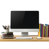 PNG Wooden Office Desk with Computer Keyboard, Mouse, and Books Against Transparent Background for Work-from-Home Branding, Productivity Designs, or Office Mockups