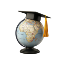 A globe featuring a graduation cap 3D rendering png