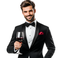 PNG Elegant Man in Tuxedo Holding a Glass of Red Wine Against Transparent Background for Sophisticated Branding, Wine Promotions, or Event Invitations