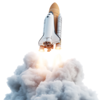 PNG White Rocket Launching into Space A 3D Render of a Spacecraft Against Transparent Background for Aerospace Branding, Science Illustrations, or Futuristic Concepts