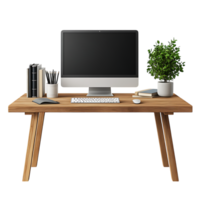 PNG Wooden Office Desk with Computer Keyboard, Mouse, and Books Against Transparent Background for Work-from-Home Branding, Productivity Designs, or Office Mockups