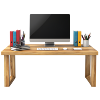 PNG Wooden Office Desk with Computer Keyboard, Mouse, and Books Against Transparent Background for Work-from-Home Branding, Productivity Designs, or Office Mockups