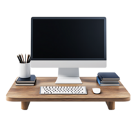 PNG Wooden Office Desk with Computer Keyboard, Mouse, and Books Against Transparent Background for Work-from-Home Branding, Productivity Designs, or Office Mockups