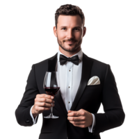 PNG Elegant Man in Tuxedo Holding a Glass of Red Wine Against Transparent Background for Sophisticated Branding, Wine Promotions, or Event Invitations