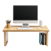 PNG Wooden Office Desk with Computer Keyboard, Mouse, and Books Against Transparent Background for Work-from-Home Branding, Productivity Designs, or Office Mockups