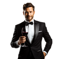 PNG Elegant Man in Tuxedo Holding a Glass of Red Wine Against Transparent Background for Sophisticated Branding, Wine Promotions, or Event Invitations