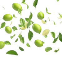 PNG Fresh Limes Falling Against Transparent Background for Beverage Branding, Citrus-Themed Designs, or Fresh Produce Advertisements