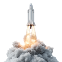 PNG White Rocket Launching into Space A 3D Render of a Spacecraft Against Transparent Background for Aerospace Branding, Science Illustrations, or Futuristic Concepts
