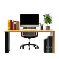 PNG Wooden Office Desk with Computer Keyboard, Mouse, and Books Against Transparent Background for Work-from-Home Branding, Productivity Designs, or Office Mockups
