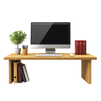 PNG Wooden Office Desk with Computer Keyboard, Mouse, and Books Against Transparent Background for Work-from-Home Branding, Productivity Designs, or Office Mockups